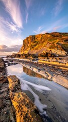 A serene rocky coastline with tide pools at sunrise