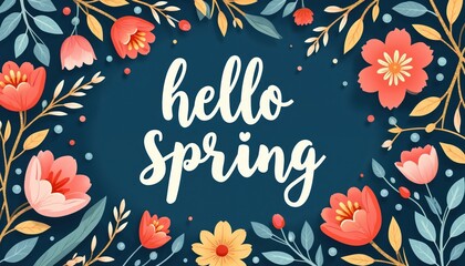 Fototapeta premium Floral border with text hello Spring. Colorful flowers and leaves on dark blue background. Seasonal greeting card design for spring celebration.