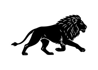 A majestic black silhouette of a male lion with a full mane in a walking pose.