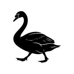 Black silhouette of a swan or large goose walking on land.