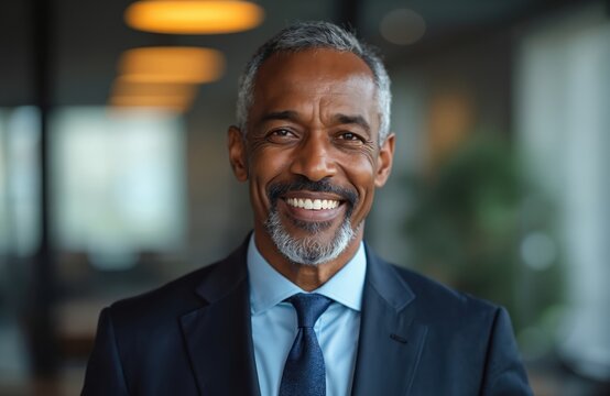 Smiling Black man in suit, mature businessman, pro, executive, wears blue shirt and tie. Confident leader with salt pepper beard in office setting, works for success.