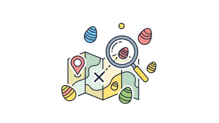 Magnifying Glass on Map with Location Pin and Easter Eggs