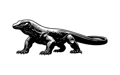 A powerful black silhouette of a Komodo dragon in a walking pose.