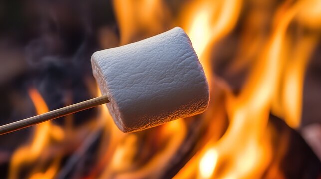 caramelization. Close-up of marshmallows roasting over a campfire, glowing with a warm golden light in a soft outdoor setting. menu design.