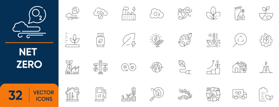 Net Zero Icon Set. Containing carbon, neutral, emission, co2, eco-friendly, footprint, emissions and more. Line vector icons collection.
