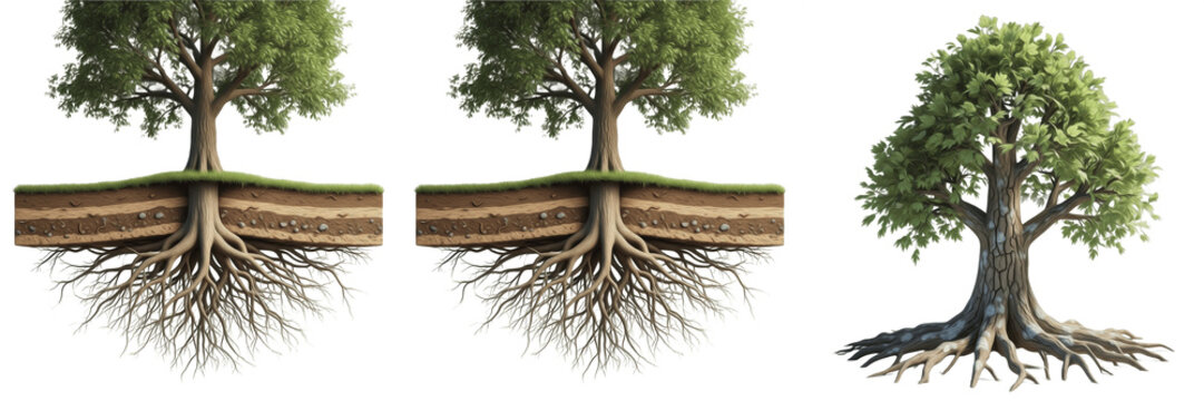 : Large green oak trees with extensive root systems and cross-section of soil layers, conceptual 3D illustration of nature and stability isolated on white background.