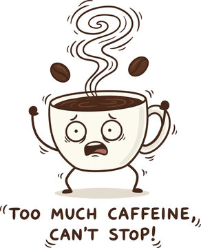 Funny Too Much Caffeine Illustration with Shaking Coffee Cup Character