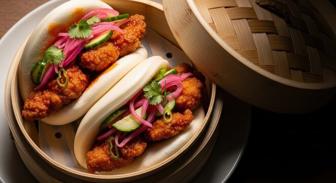 Gourmet crispy fried chicken bao buns with vibrant pickled red onions and fresh cucumber, elegantly served in a bamboo steamer for an authentic Asian culinary experience