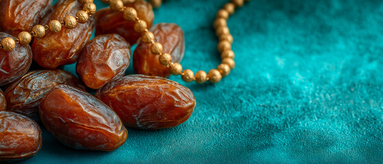 Obraz premium A pile of dates and a golden rosary on a teal velvet surface