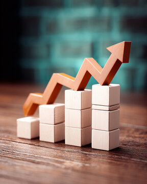 Financial trend bars rising high on dark wooden surface.