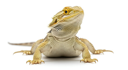 Obraz premium Bearded dragon lizard in alert pose, isolated on white background. Realistic reptile photo with detailed scales for education, exotic pets, and wildlife concepts.