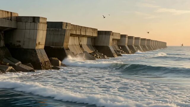 Waves Crashing on Breakwater at Golden Hour | Relaxing Ocean Scenery