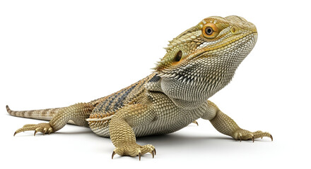 Bearded dragon lizard in alert pose, isolated on white background. Realistic reptile photo with detailed scales for education, exotic pets, and wildlife concepts.