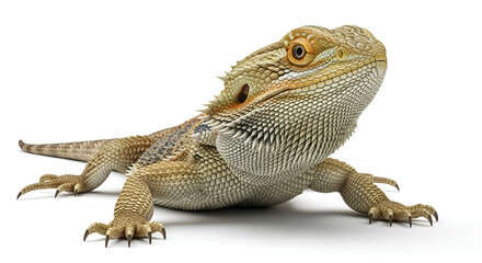 Obraz premium Bearded dragon lizard in alert pose, isolated on white background. Realistic reptile photo with detailed scales for education, exotic pets, and wildlife concepts.