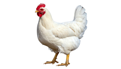 Fototapeta premium A fully rendered, isolated, white chicken, with a prominent red comb and wattles, and a yellow beak. The bird is in profile