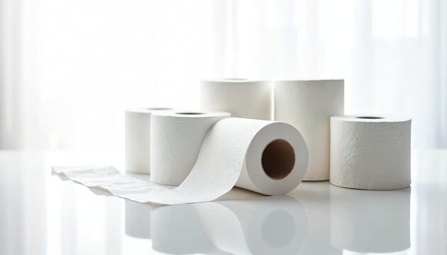 White paper rolls arranged on a shiny surface. A soft white tissue paper unrolls across the reflective table. Hygiene products for everyday comfort.