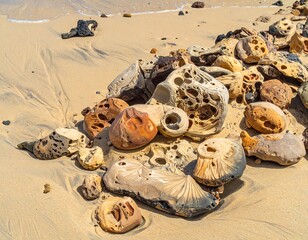 Close-up of eroded, porous rock formations on a sandy beach. Wavelets gently touch the edge