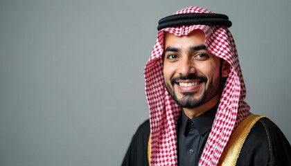 Fototapeta premium Smiling Arab man wears traditional keffiyeh and thobe. He looks confidently into camera with warm smile. Represents Middle Eastern culture, business, and modern lifestyle.