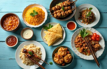 Assortment of Thai dishes served on blue wooden table. Includes rice, skewers, curry, fried food, dips. Perfect for food blogs, restaurants, cooking shows promoting Asian cuisine.