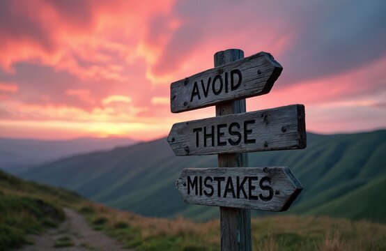 Wooden signpost with text avoid these mistakes in mountain landscape at sunset. Path leads to decision point with advice for success and future planning.