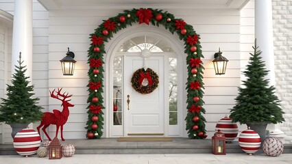 Festive Christmas Front Door Decoration with Garland Arch Red Wreath Reindeer Statue and Outdoor Holiday Ornaments on a White House Porch