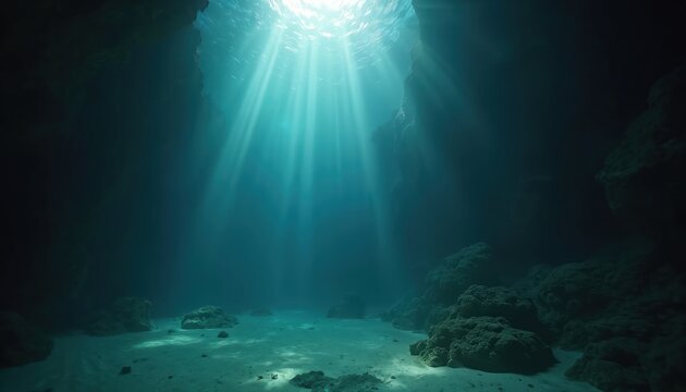 Underwater cave exploration with sunbeams piercing deep blue ocean water. Sandy seabed and rocky formations, mysterious aquatic environment, deep sea abyss.