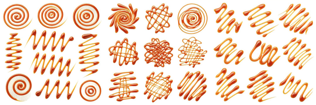 Large collection of sweet caramel sauce drizzles and swirls, various golden syrup patterns, zigzags, and spiral splashes isolated on white background for dessert decoration.