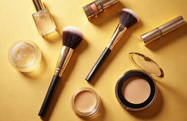 Professional makeup artist tools arranged on yellow surface. Brushes, lipstick, foundation, and primer for beauty applications. Glamour and cosmetic artistry.