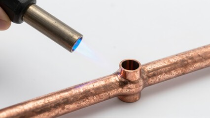 A hand holding a blowtorch heating a copper pipe fitting with a blue flame
