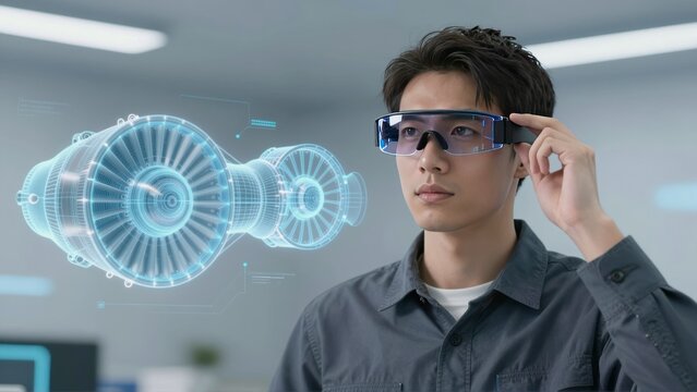 Young man wearing augmented reality glasses interacts with a holographic 3D model of a jet engine - Powered by Adobe