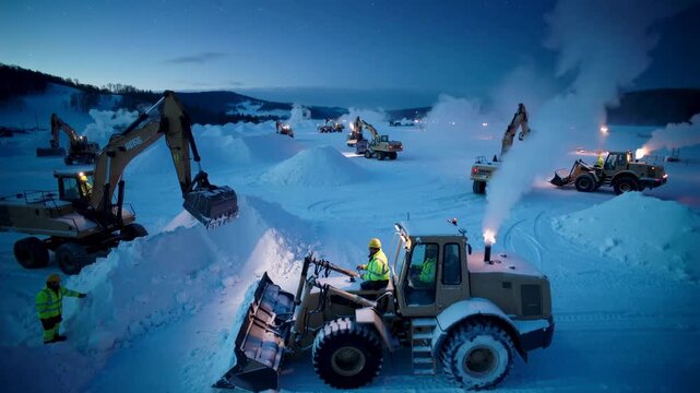 Heavy Equipment Snow Farming: Massive Winter Operations Under the Stars