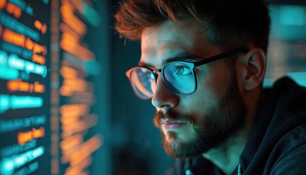 Man with glasses studies digital code on screen. Person works with computer code, analyzes data, generates images using AI software. Future tech, cyber, programmer, developer theme.