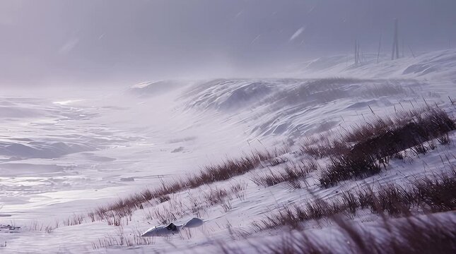 Snow-covered hillside landscape with sparse vegetation and distant structures under a gray sky