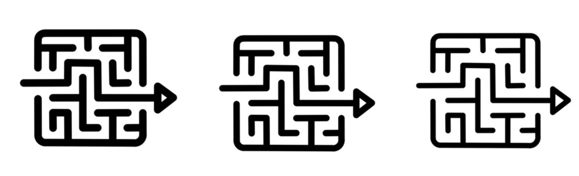 Set of three minimalist maze icons with a black arrow showing the direct path through a complex square labyrinth. Maze icon set. Vector illustration of maze icon set