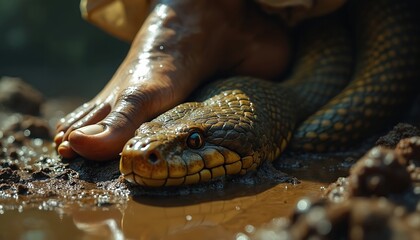 Fototapeta premium Foot crushes dangerous snake. Bare foot steps on reptile in mud. Overcoming evil, power symbol. Victory over venomous threat in wild nature.