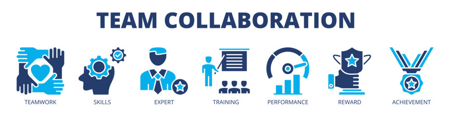 Fototapeta premium Team collaboration web banner icon vector illustration concept for workforce synergy with icon of teamwork, skills, expert, training, performance, reward, and achievement.