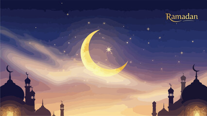 Ramadan crescent moon over mosque silhouettes © Luffy