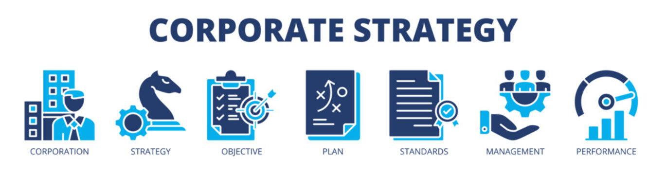 Corporate strategy web banner icon vector illustration concept for organizational planning with icon of corporation, strategy, objective, plan, standards, management, and performance.