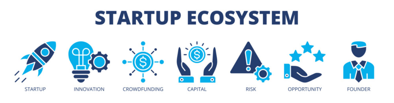 Startup ecosystem web banner icon vector illustration concept for entrepreneurial growth with icon of startup, innovation, crowdfunding, capital, risk, opportunity, and founder.
