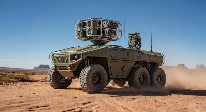 広域監視用のセンサーユニットを搭載した6輪UGV。高度な国境警備と防衛。 / 6-wheeled UGV equipped with multi-sensor units. Advanced border security and defense.