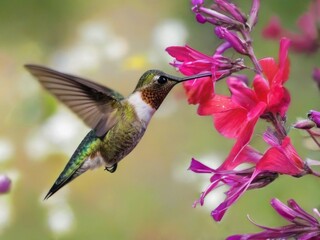 Fototapeta premium Closeup of a hummingbird in midflight near pink flower, with blurred garden background evoking peaceful serenity.