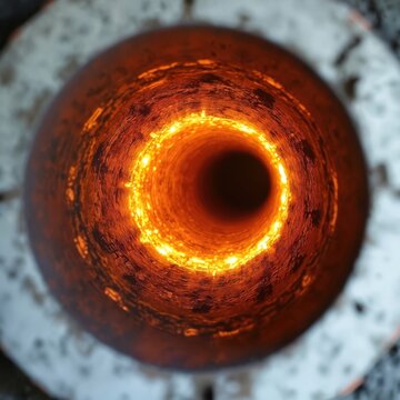 Inside view of hot industrial kiln, bright orange glow, circular tunnel, heat, clinker production process. Heavy industry manufacturing, engineering, thermal treatment.