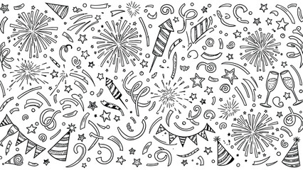 Obraz premium Black and white doodle illustration of fireworks and party elements.