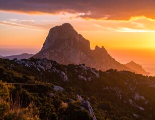 A mountain silhouette glows under a vibrant sunset sky