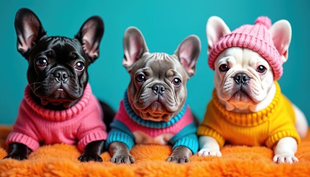 Three French bulldogs wear colorful sweaters and knitted hats. Two wear pink, one wears yellow. Dogs have cute faces, big ears, sitting on orange fluffy blanket.