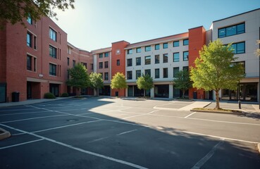 Empty parking lot beside modern buildings with trees. Sunlight illuminates lot and facade. Clear blue sky above urban scene. Facades show varied colors and windows. Trees add greenery to the area.