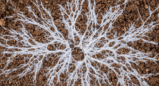Detailed macro texture of white mycelium network spreading radially on dark organic soil background