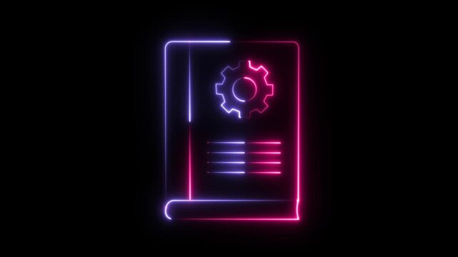 Neon Glowing Book Icon with Cogwheel Symbol, Representing Manual, Instructions, Technology, and Knowledge in Abstract Dark Background