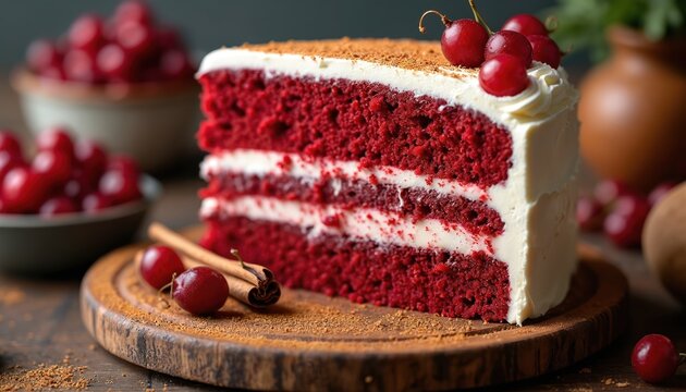 Red velvet cake slice with cream cheese frosting. Layers of vibrant red cake and white filling topped with cherries and cinnamon. Delicious dessert for celebration or cafe menu.