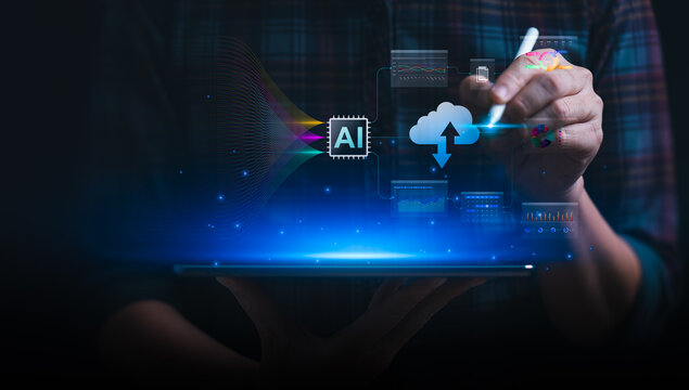 Hand interacting with a glowing digital interface showing AI processing, cloud data, analytics dashboards, and machine learning visuals, representing modern technology and digital transformation